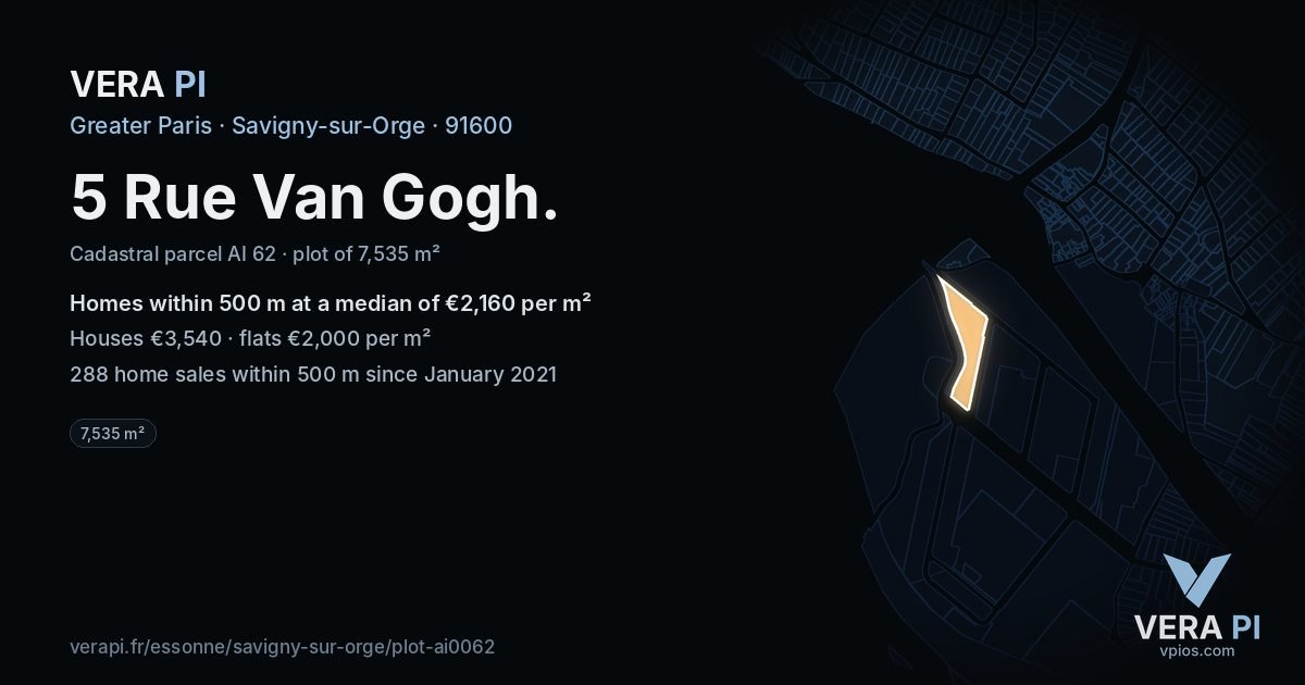 5 Rue Van Gogh, Savigny-sur-Orge at night – the plot lit, the parcels around coloured by the prices near them