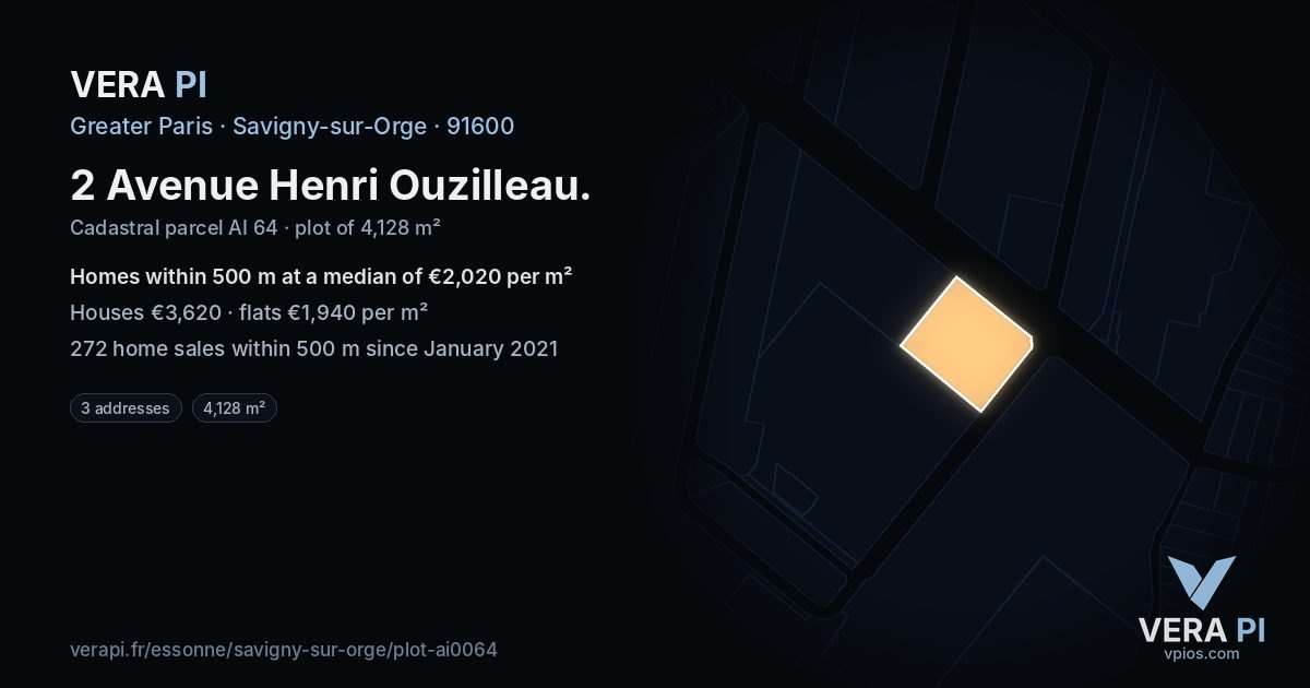 2 Avenue Henri Ouzilleau, Savigny-sur-Orge at night – the plot lit, the parcels around coloured by the prices near them
