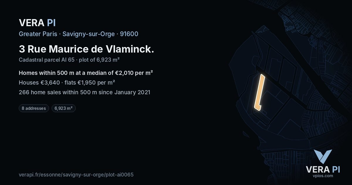 3 Rue Maurice de Vlaminck, Savigny-sur-Orge at night – the plot lit, the parcels around coloured by the prices near them