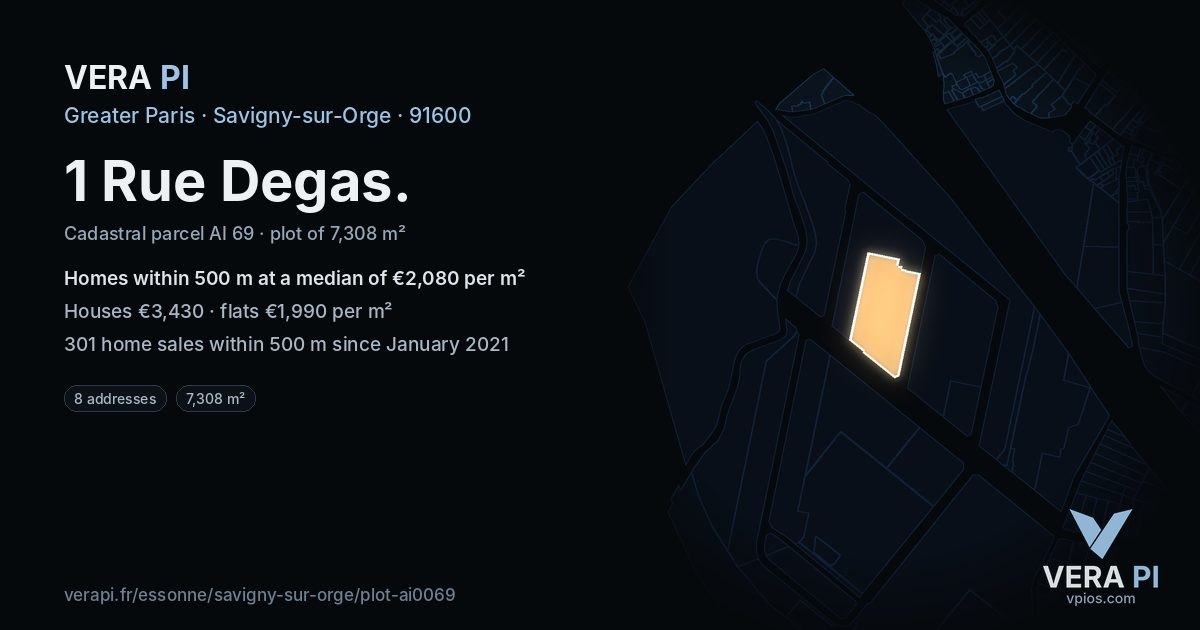 1 Rue Degas, Savigny-sur-Orge at night – the plot lit, the parcels around coloured by the prices near them