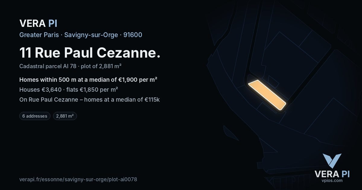 11 Rue Paul Cezanne, Savigny-sur-Orge at night – the plot lit, the parcels around coloured by the prices near them