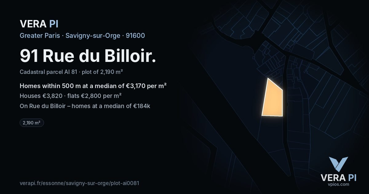 91 Rue du Billoir, Savigny-sur-Orge at night – the plot lit, the parcels around coloured by the prices near them