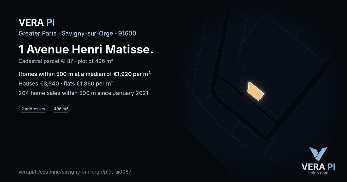 1 Avenue Henri Matisse, Savigny-sur-Orge at night – the plot lit, the parcels around coloured by the prices near them