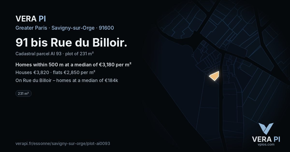 91 bis Rue du Billoir, Savigny-sur-Orge at night – the plot lit, the parcels around coloured by the prices near them