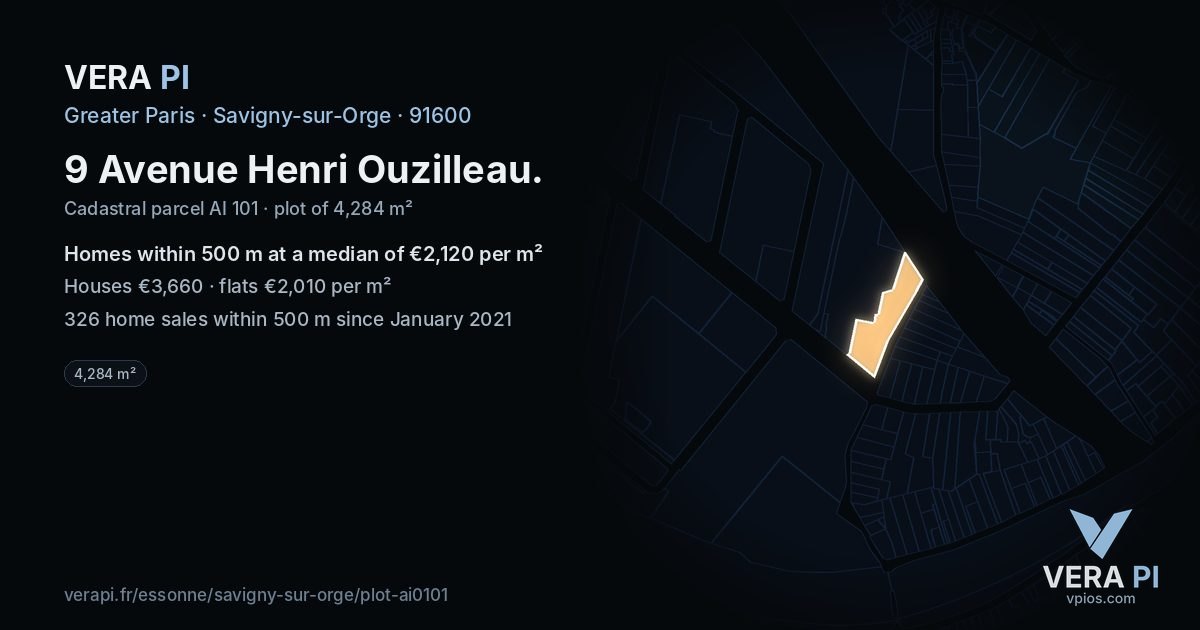 9 Avenue Henri Ouzilleau, Savigny-sur-Orge at night – the plot lit, the parcels around coloured by the prices near them