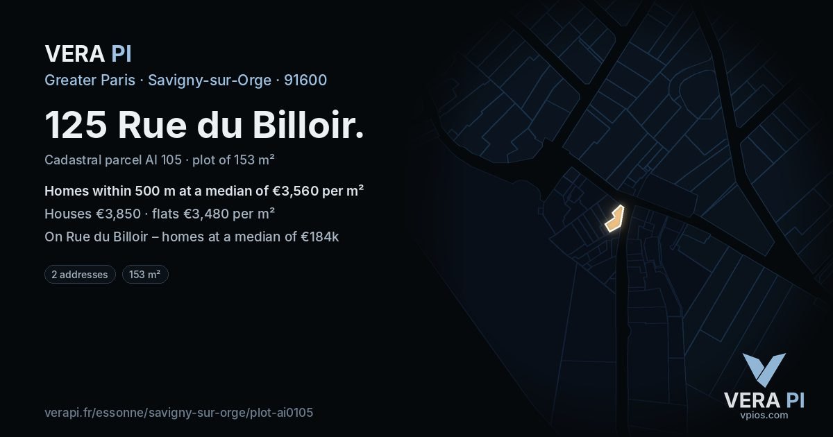 125 Rue du Billoir, Savigny-sur-Orge at night – the plot lit, the parcels around coloured by the prices near them