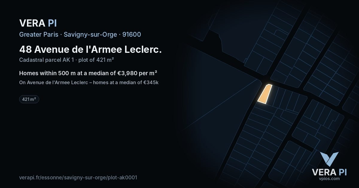 48 Avenue de l'Armee Leclerc, Savigny-sur-Orge at night – the plot lit, the parcels around coloured by the prices near them