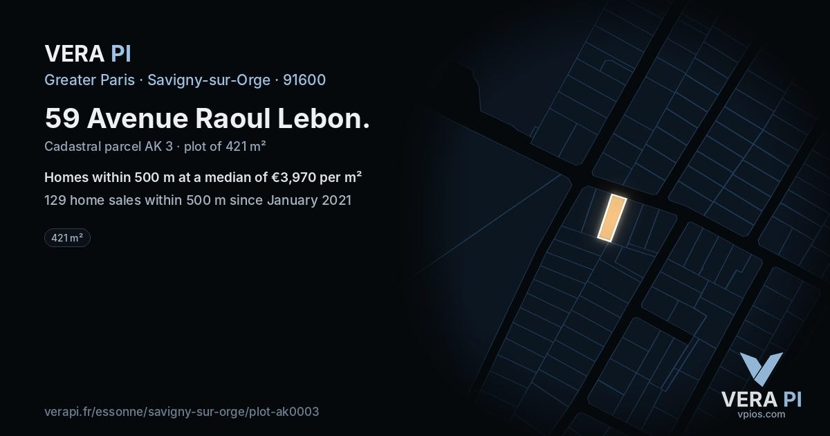 59 Avenue Raoul Lebon, Savigny-sur-Orge at night – the plot lit, the parcels around coloured by the prices near them