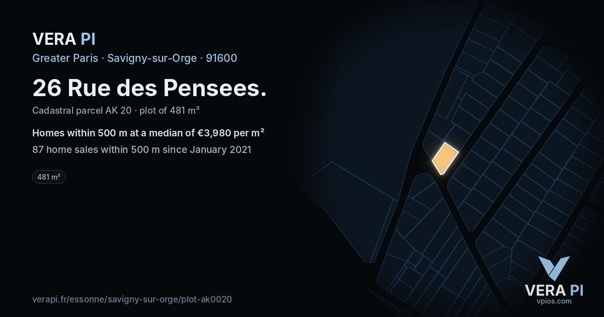 26 Rue des Pensees, Savigny-sur-Orge at night – the plot lit, the parcels around coloured by the prices near them
