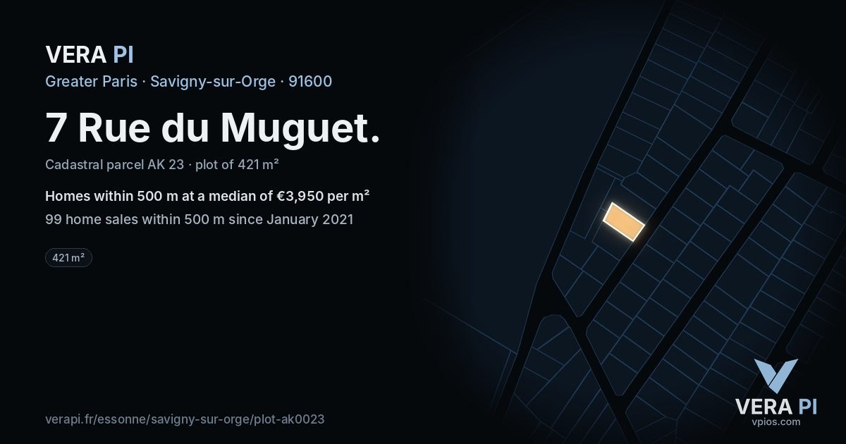 7 Rue du Muguet, Savigny-sur-Orge at night – the plot lit, the parcels around coloured by the prices near them