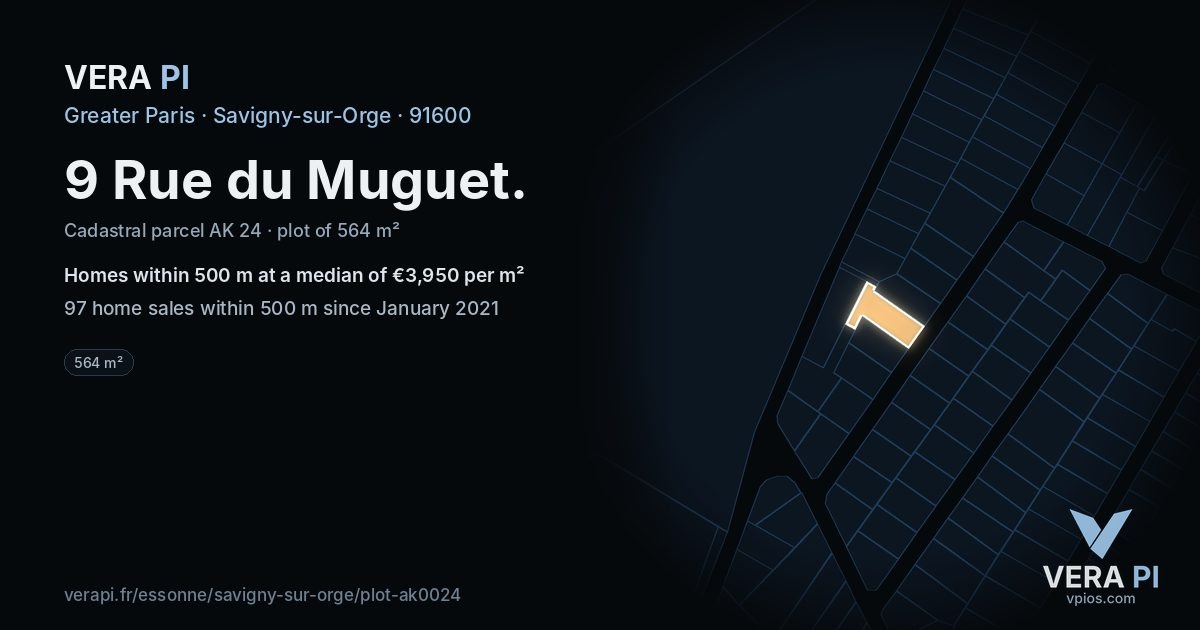 9 Rue du Muguet, Savigny-sur-Orge at night – the plot lit, the parcels around coloured by the prices near them