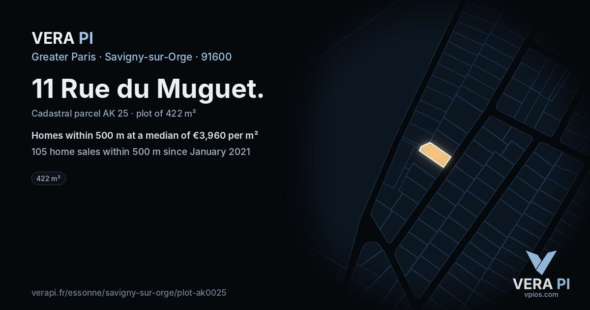 11 Rue du Muguet, Savigny-sur-Orge at night – the plot lit, the parcels around coloured by the prices near them