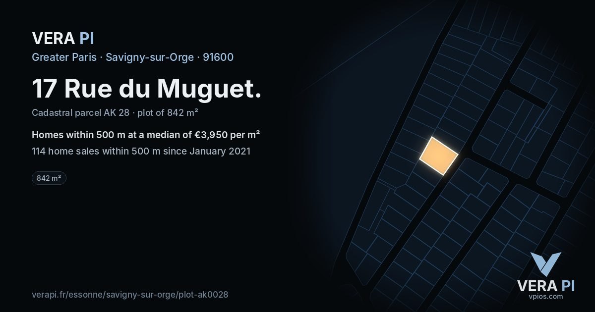 17 Rue du Muguet, Savigny-sur-Orge at night – the plot lit, the parcels around coloured by the prices near them