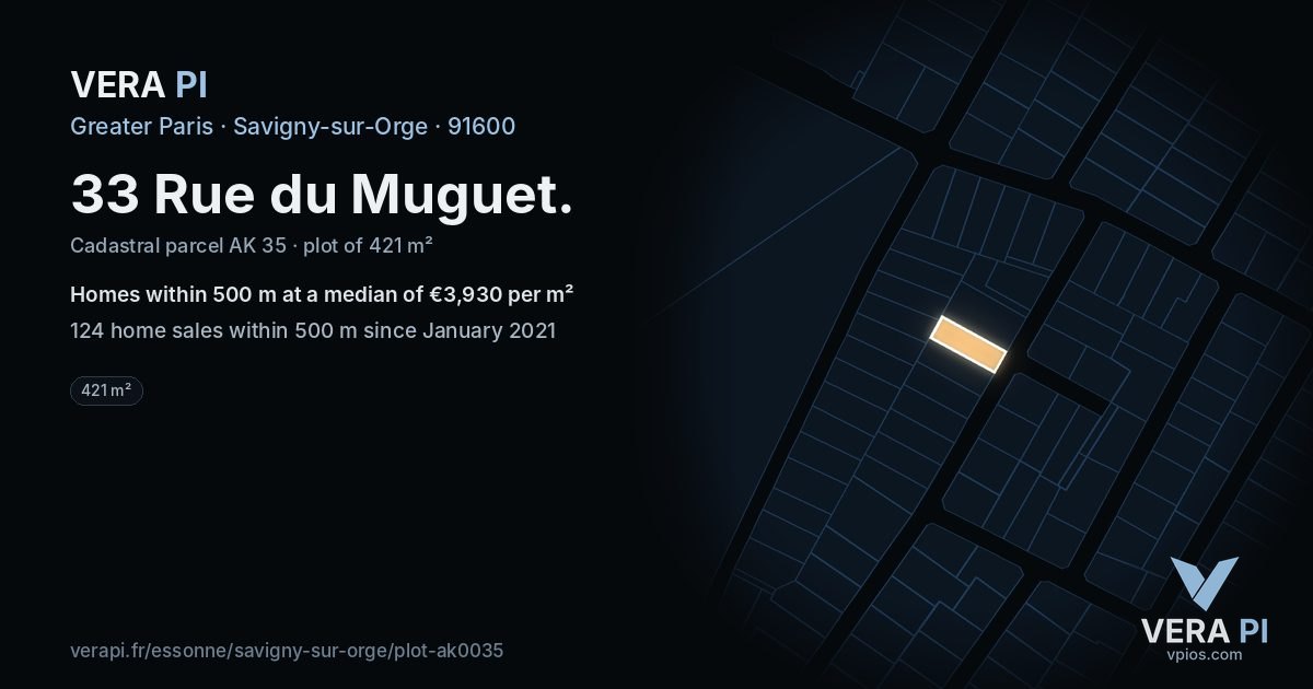 33 Rue du Muguet, Savigny-sur-Orge at night – the plot lit, the parcels around coloured by the prices near them
