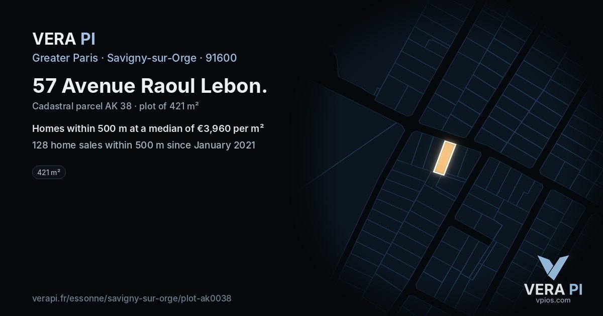 57 Avenue Raoul Lebon, Savigny-sur-Orge at night – the plot lit, the parcels around coloured by the prices near them