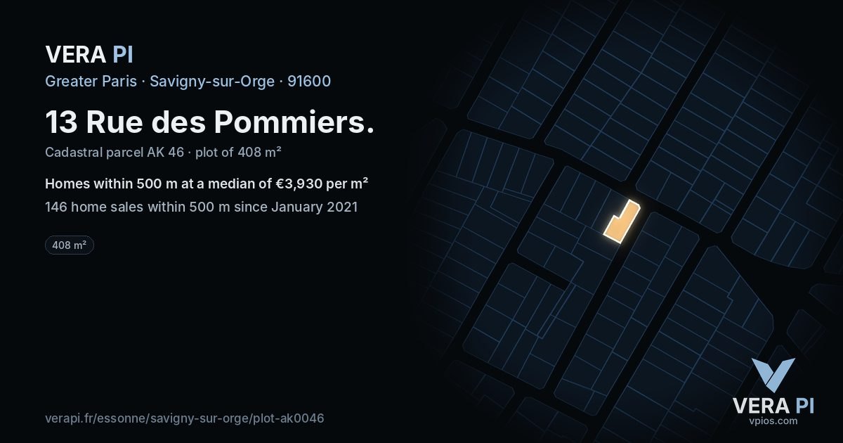13 Rue des Pommiers, Savigny-sur-Orge at night – the plot lit, the parcels around coloured by the prices near them