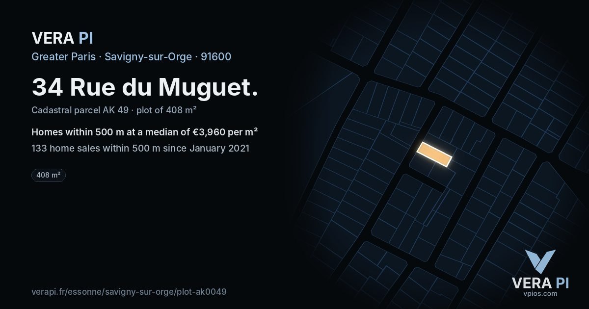 34 Rue du Muguet, Savigny-sur-Orge at night – the plot lit, the parcels around coloured by the prices near them