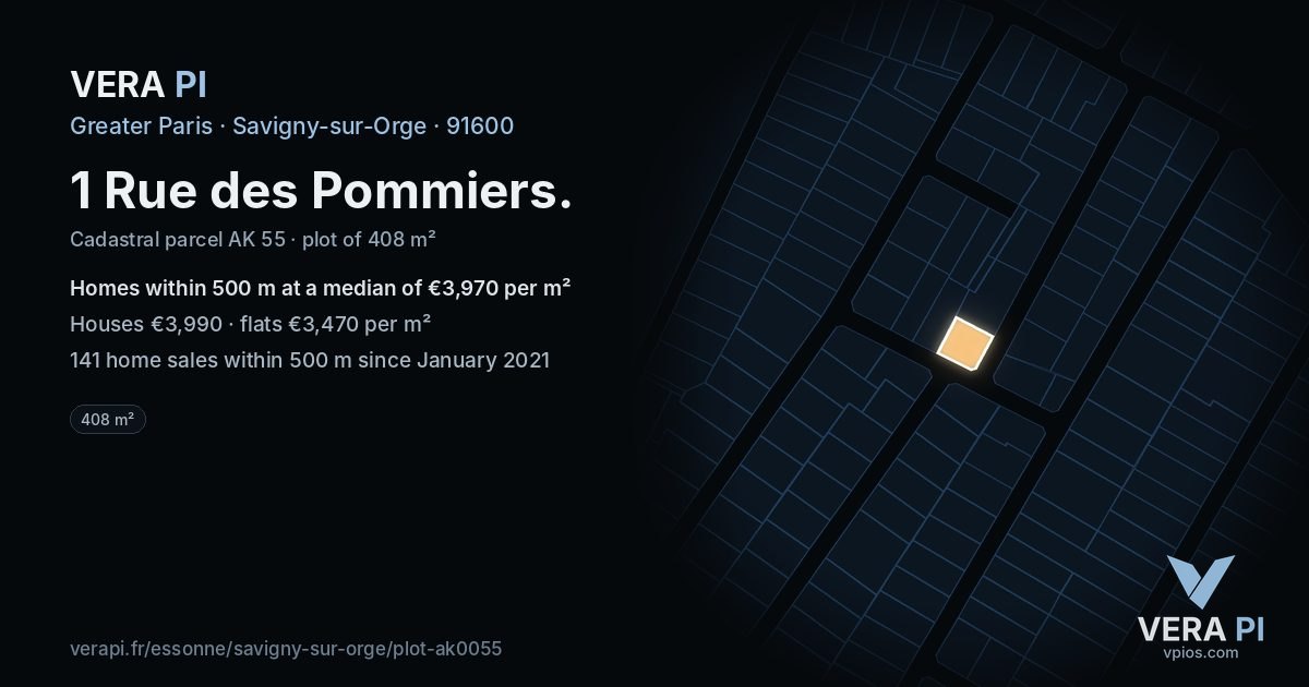 1 Rue des Pommiers, Savigny-sur-Orge at night – the plot lit, the parcels around coloured by the prices near them