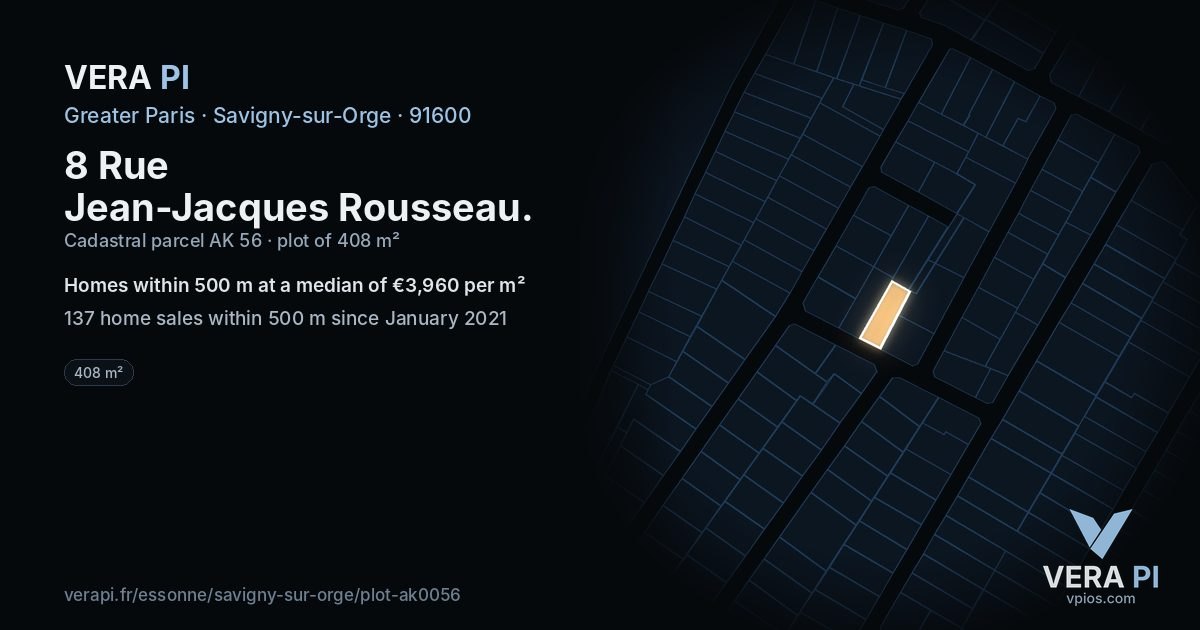 8 Rue Jean-Jacques Rousseau, Savigny-sur-Orge at night – the plot lit, the parcels around coloured by the prices near them