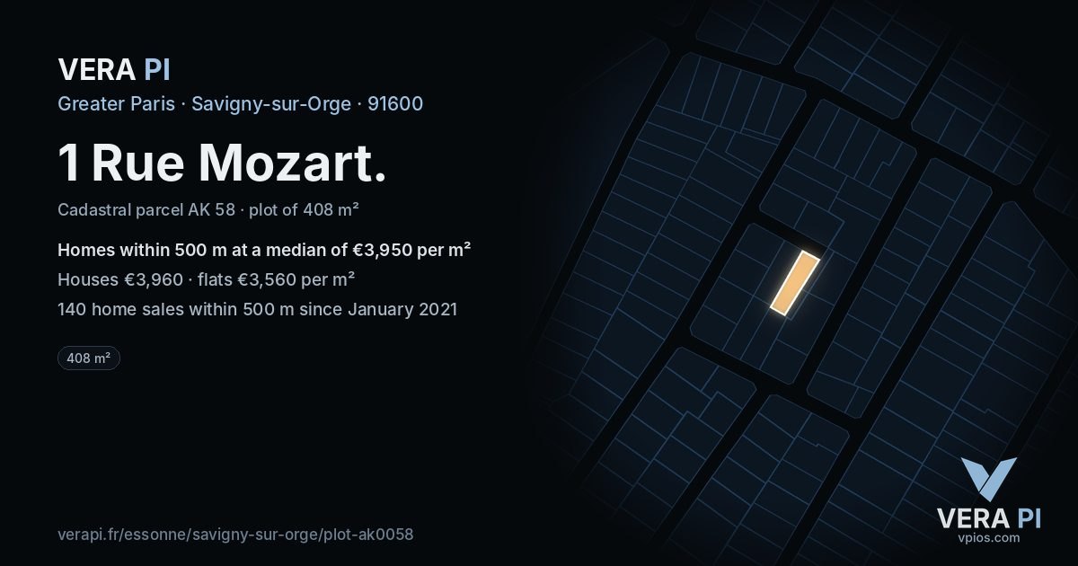 1 Rue Mozart, Savigny-sur-Orge at night – the plot lit, the parcels around coloured by the prices near them