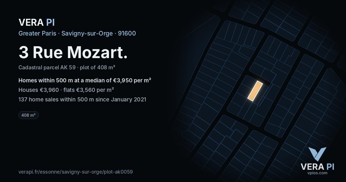 3 Rue Mozart, Savigny-sur-Orge at night – the plot lit, the parcels around coloured by the prices near them