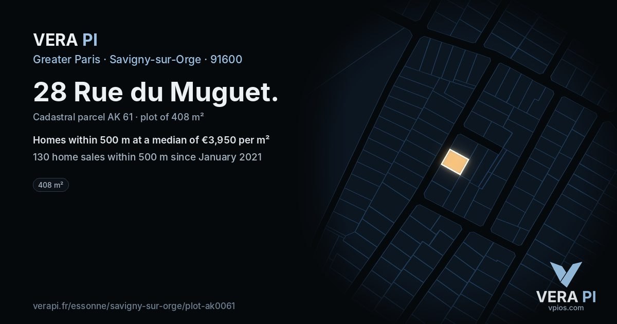 28 Rue du Muguet, Savigny-sur-Orge at night – the plot lit, the parcels around coloured by the prices near them