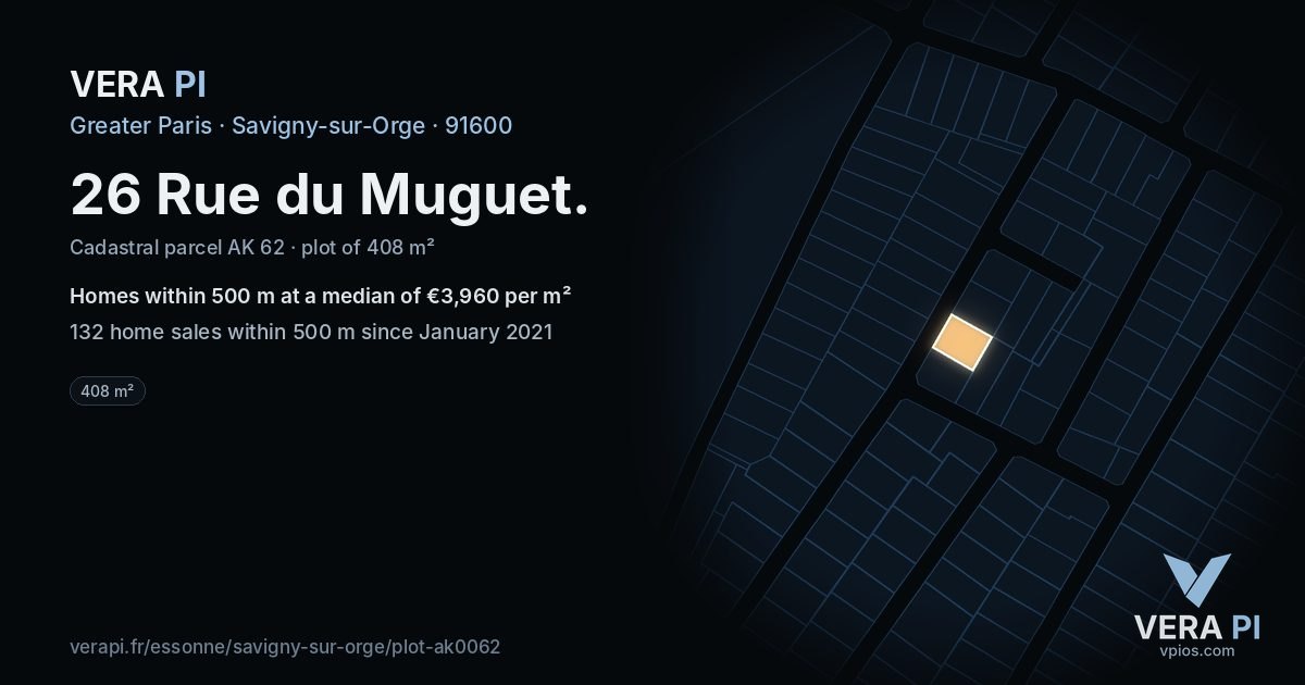 26 Rue du Muguet, Savigny-sur-Orge at night – the plot lit, the parcels around coloured by the prices near them