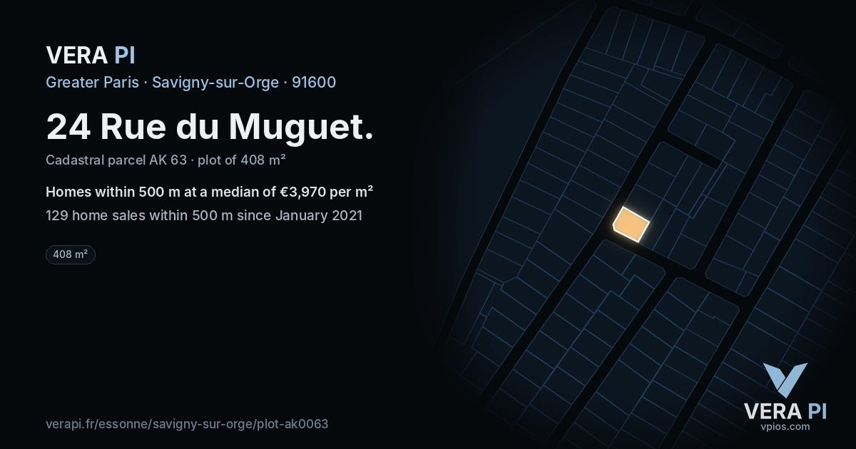 24 Rue du Muguet, Savigny-sur-Orge at night – the plot lit, the parcels around coloured by the prices near them