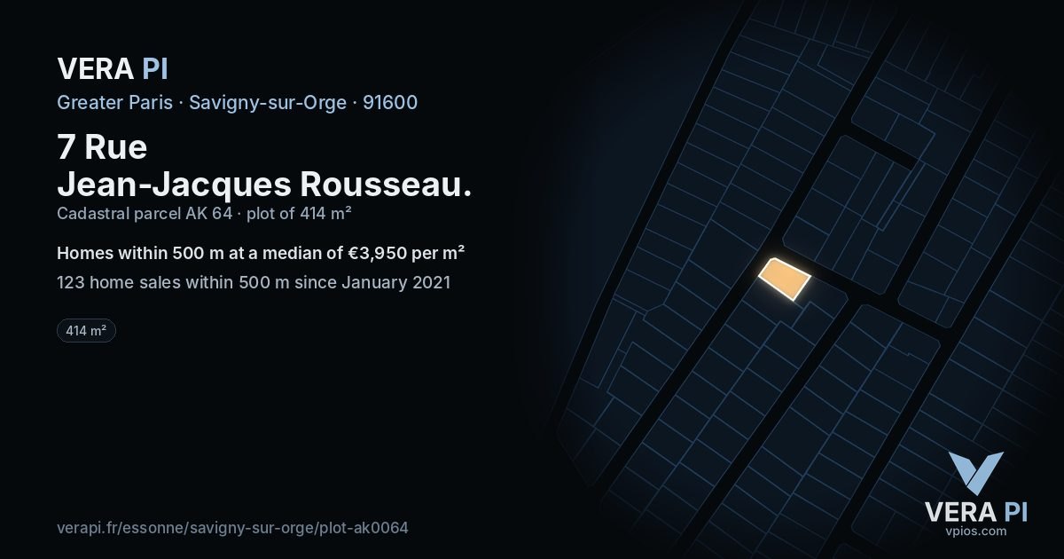 7 Rue Jean-Jacques Rousseau, Savigny-sur-Orge at night – the plot lit, the parcels around coloured by the prices near them