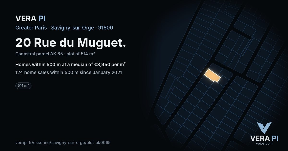 20 Rue du Muguet, Savigny-sur-Orge at night – the plot lit, the parcels around coloured by the prices near them