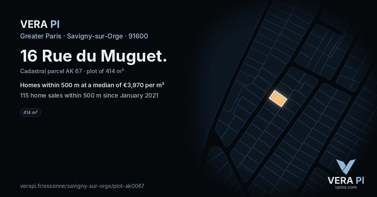 16 Rue du Muguet, Savigny-sur-Orge at night – the plot lit, the parcels around coloured by the prices near them