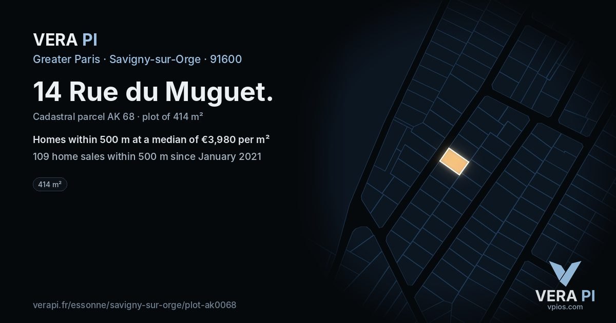 14 Rue du Muguet, Savigny-sur-Orge at night – the plot lit, the parcels around coloured by the prices near them