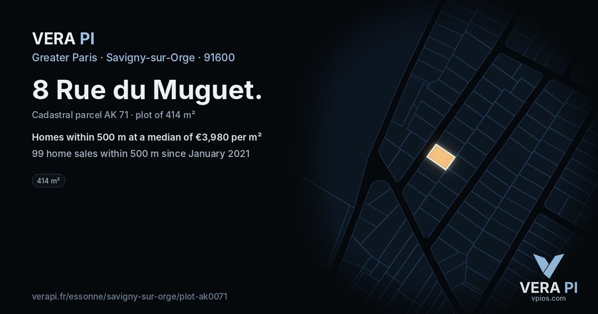 8 Rue du Muguet, Savigny-sur-Orge at night – the plot lit, the parcels around coloured by the prices near them