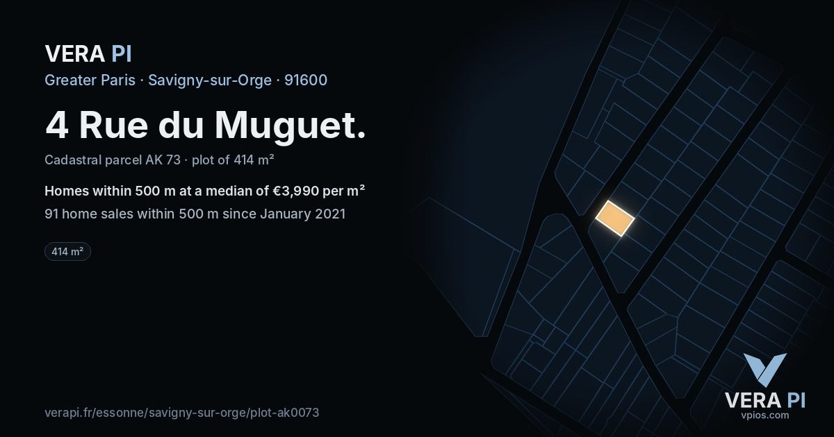 4 Rue du Muguet, Savigny-sur-Orge at night – the plot lit, the parcels around coloured by the prices near them