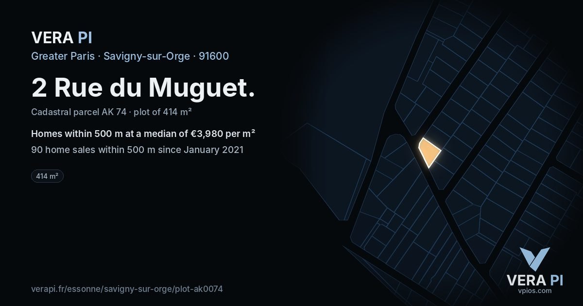 2 Rue du Muguet, Savigny-sur-Orge at night – the plot lit, the parcels around coloured by the prices near them