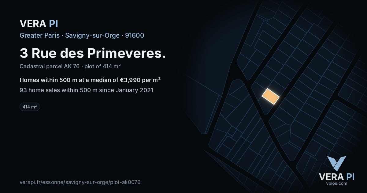 3 Rue des Primeveres, Savigny-sur-Orge at night – the plot lit, the parcels around coloured by the prices near them