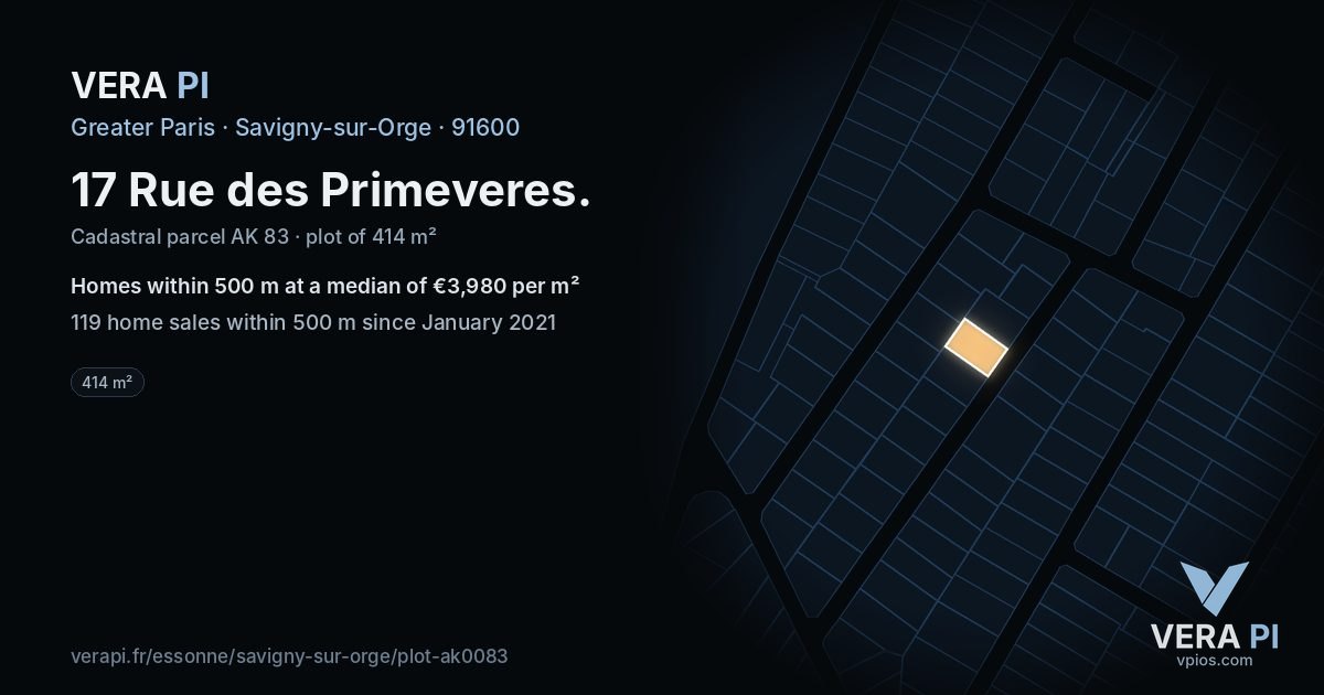 17 Rue des Primeveres, Savigny-sur-Orge at night – the plot lit, the parcels around coloured by the prices near them