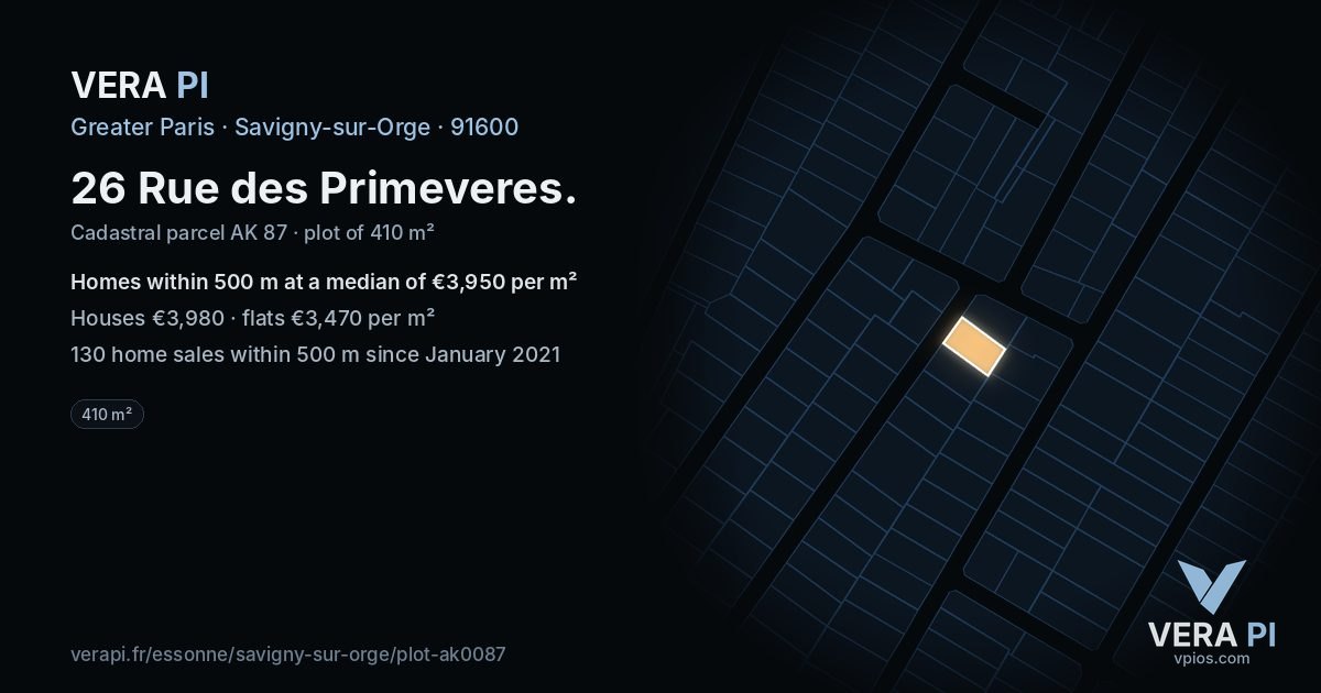 26 Rue des Primeveres, Savigny-sur-Orge at night – the plot lit, the parcels around coloured by the prices near them
