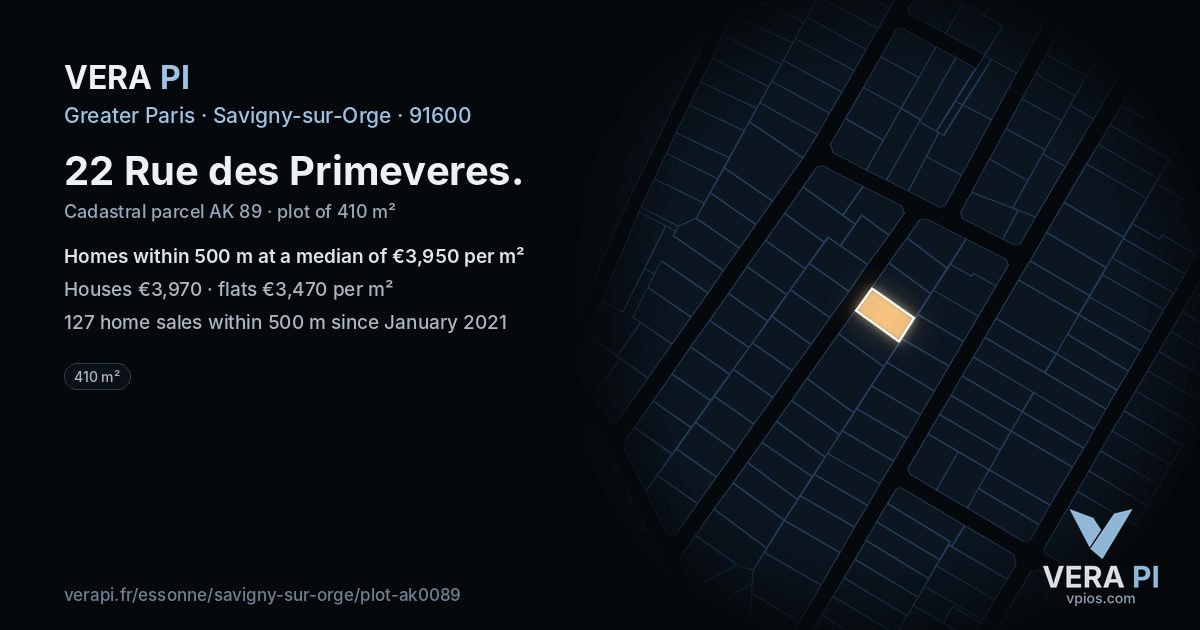 22 Rue des Primeveres, Savigny-sur-Orge at night – the plot lit, the parcels around coloured by the prices near them