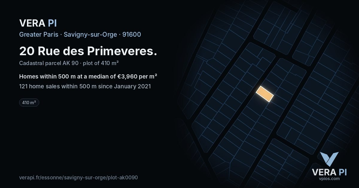 20 Rue des Primeveres, Savigny-sur-Orge at night – the plot lit, the parcels around coloured by the prices near them