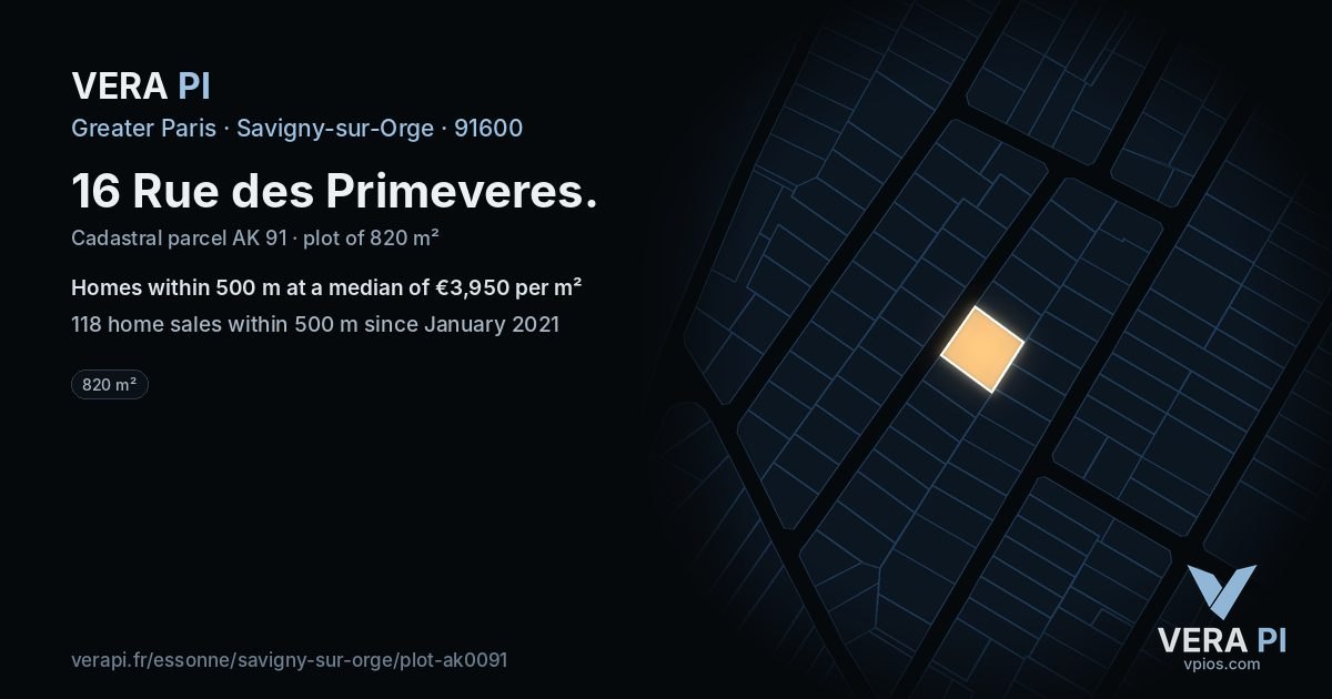 16 Rue des Primeveres, Savigny-sur-Orge at night – the plot lit, the parcels around coloured by the prices near them