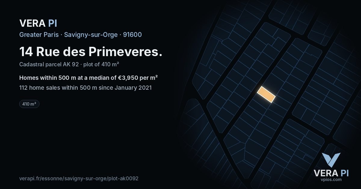 14 Rue des Primeveres, Savigny-sur-Orge at night – the plot lit, the parcels around coloured by the prices near them