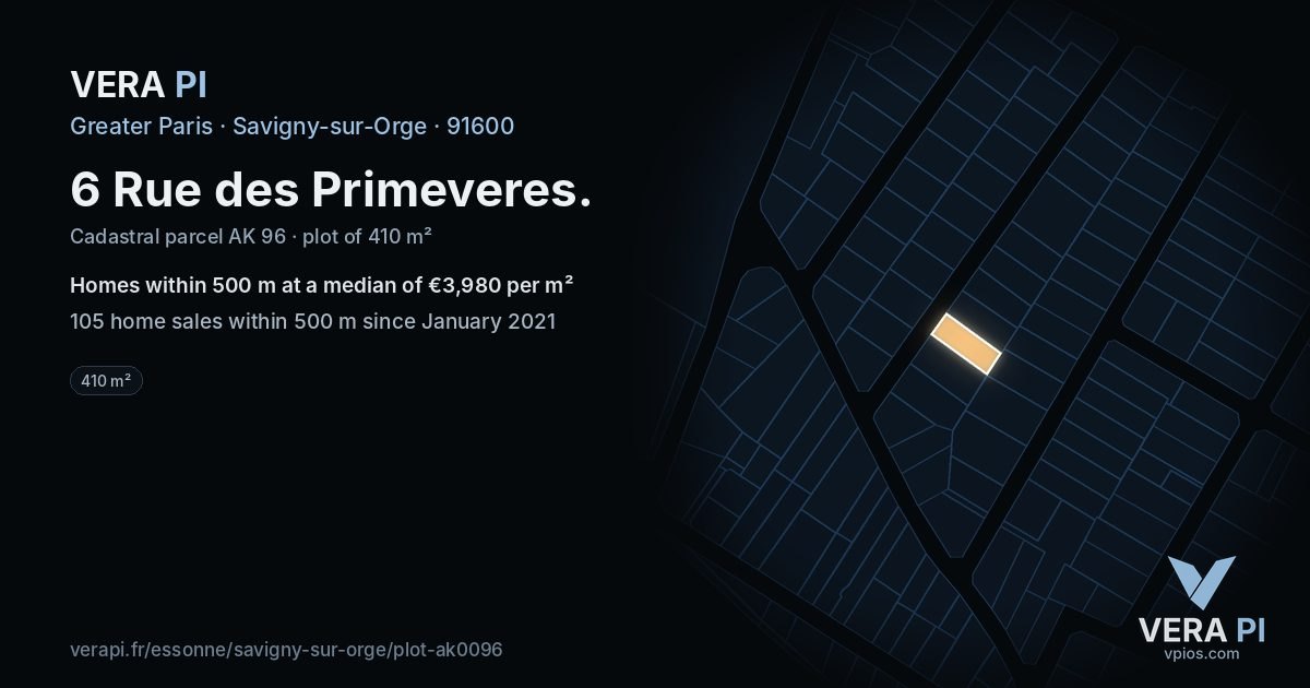 6 Rue des Primeveres, Savigny-sur-Orge at night – the plot lit, the parcels around coloured by the prices near them