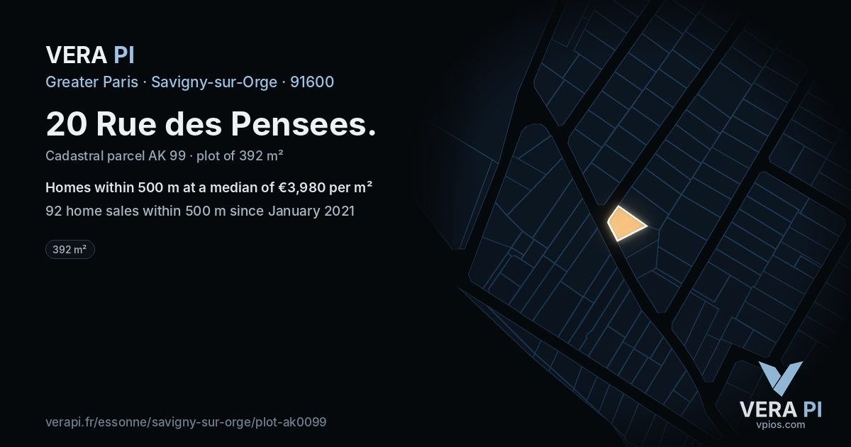 20 Rue des Pensees, Savigny-sur-Orge at night – the plot lit, the parcels around coloured by the prices near them