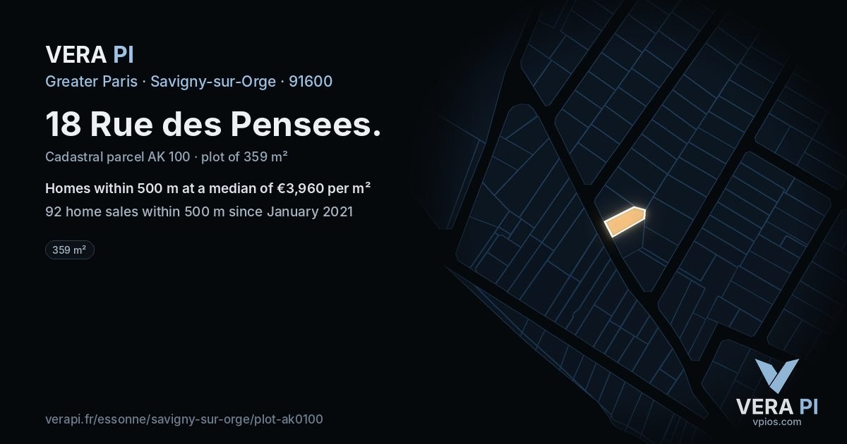 18 Rue des Pensees, Savigny-sur-Orge at night – the plot lit, the parcels around coloured by the prices near them