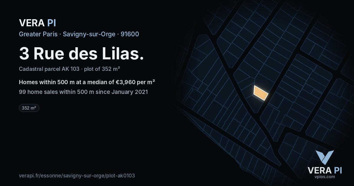 3 Rue des Lilas, Savigny-sur-Orge at night – the plot lit, the parcels around coloured by the prices near them