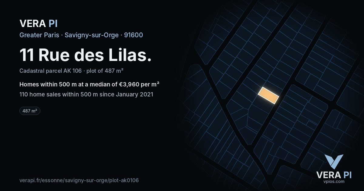 11 Rue des Lilas, Savigny-sur-Orge at night – the plot lit, the parcels around coloured by the prices near them