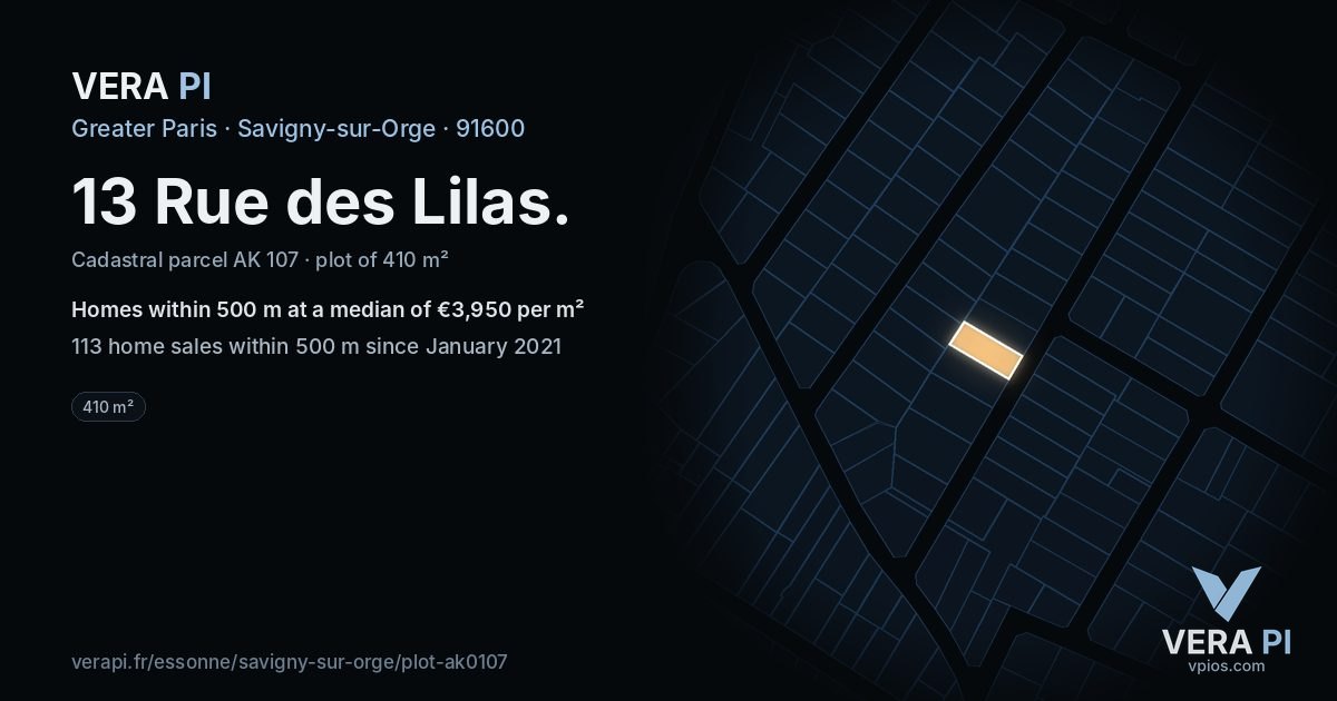 13 Rue des Lilas, Savigny-sur-Orge at night – the plot lit, the parcels around coloured by the prices near them