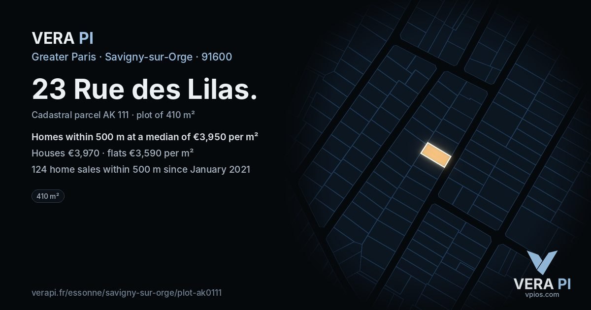 23 Rue des Lilas, Savigny-sur-Orge at night – the plot lit, the parcels around coloured by the prices near them