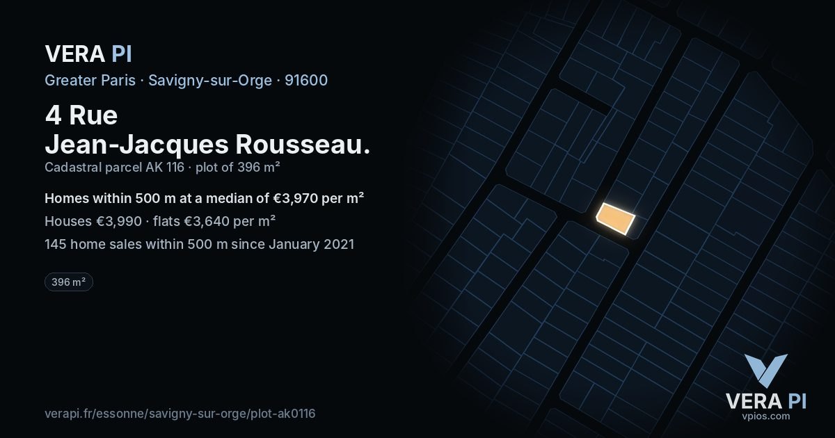 4 Rue Jean-Jacques Rousseau, Savigny-sur-Orge at night – the plot lit, the parcels around coloured by the prices near them